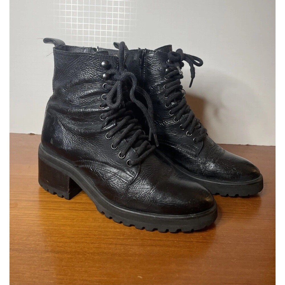 Steve Madden Combat Boots Women 8 M Black Leather Platform Lug Sole Midi Lace Up